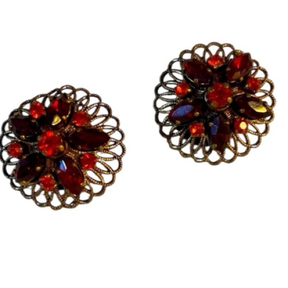 West Germany Earrings, Clip on, Gold tone, Filigree, Rhinestones, Vintage